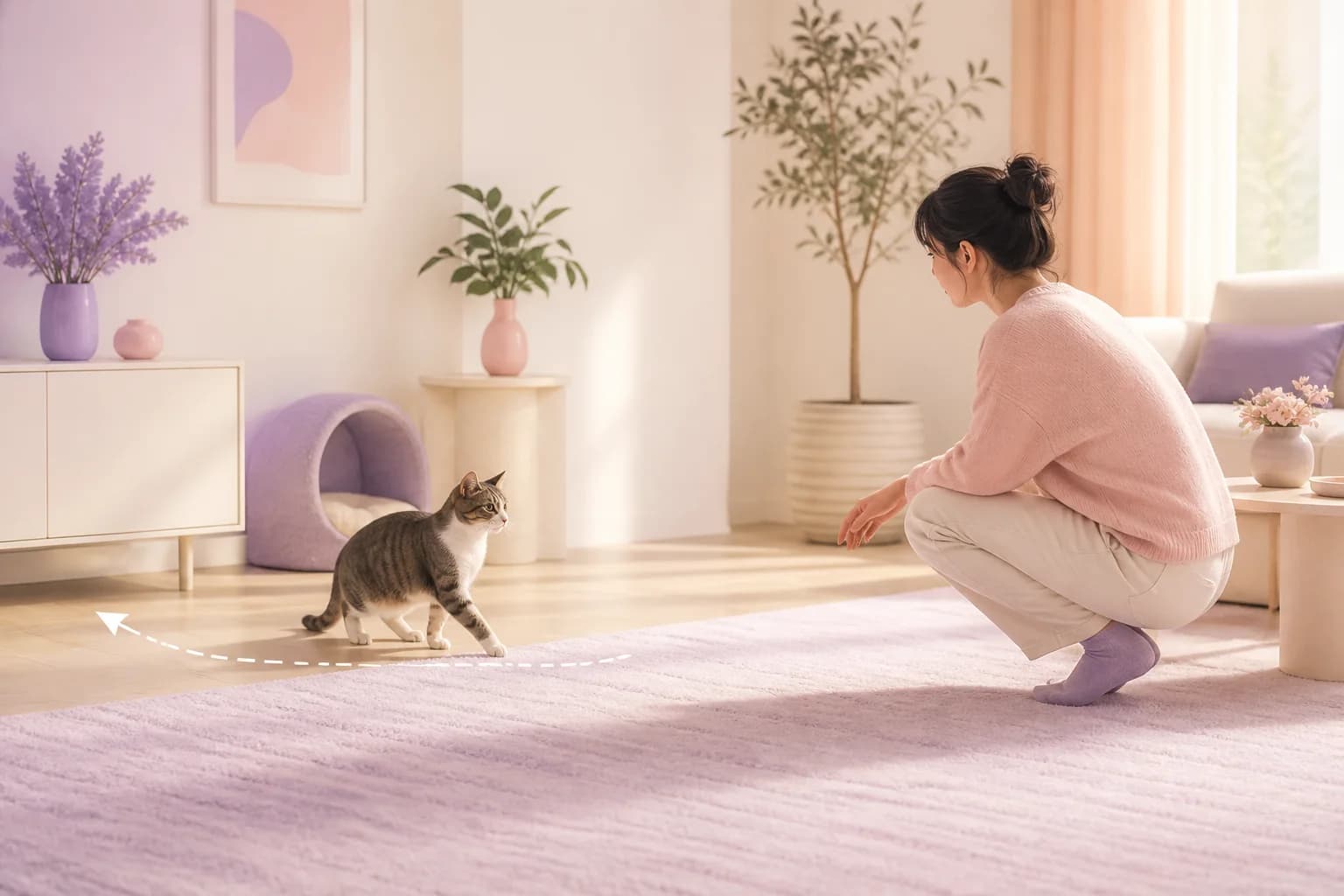 A cat stepping back as a person approaches too directly in a calm home setting.