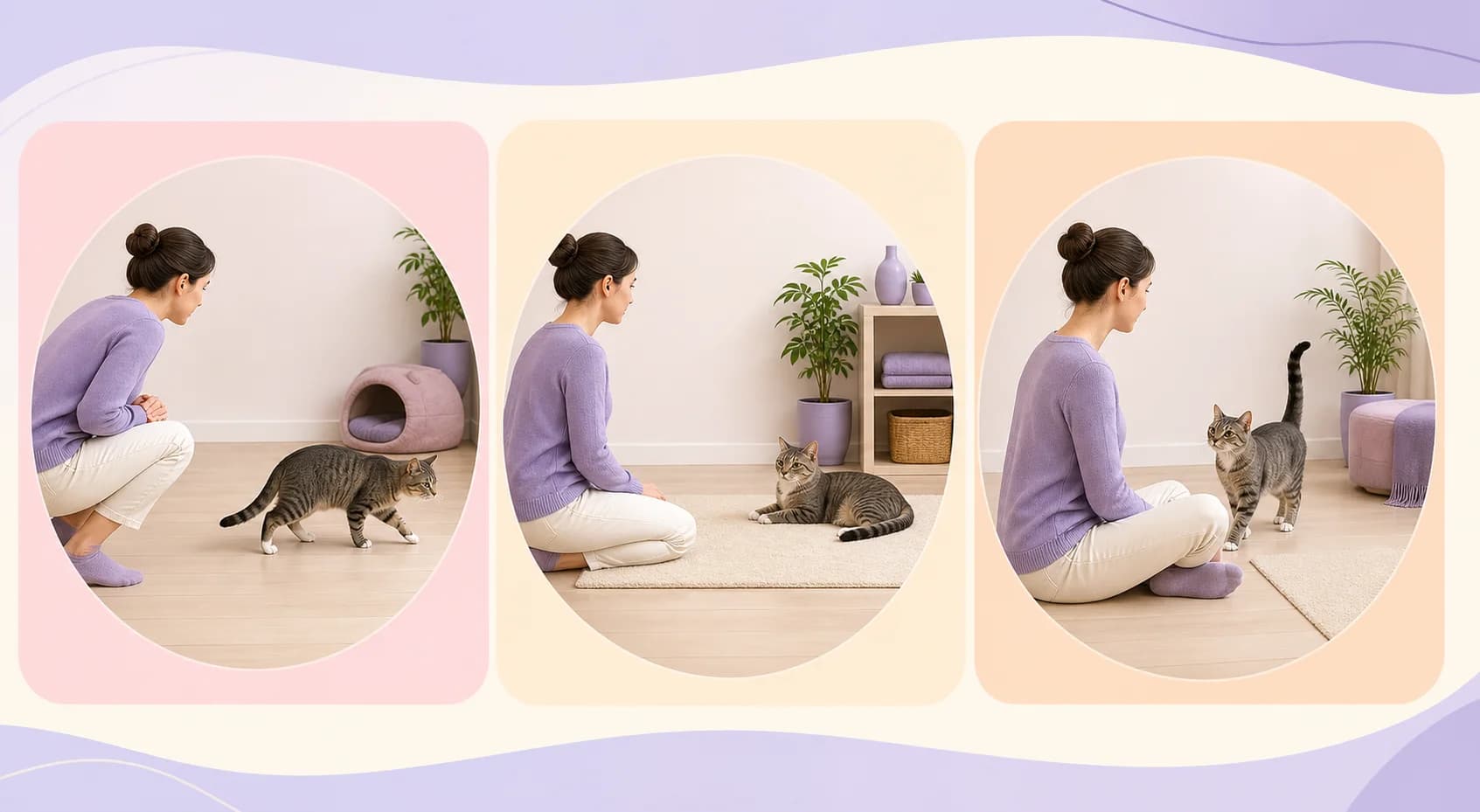 A visual comparison of getting too close causing retreat, a comfortable distance allowing a cat to stay, and voluntary approach during safe interaction.