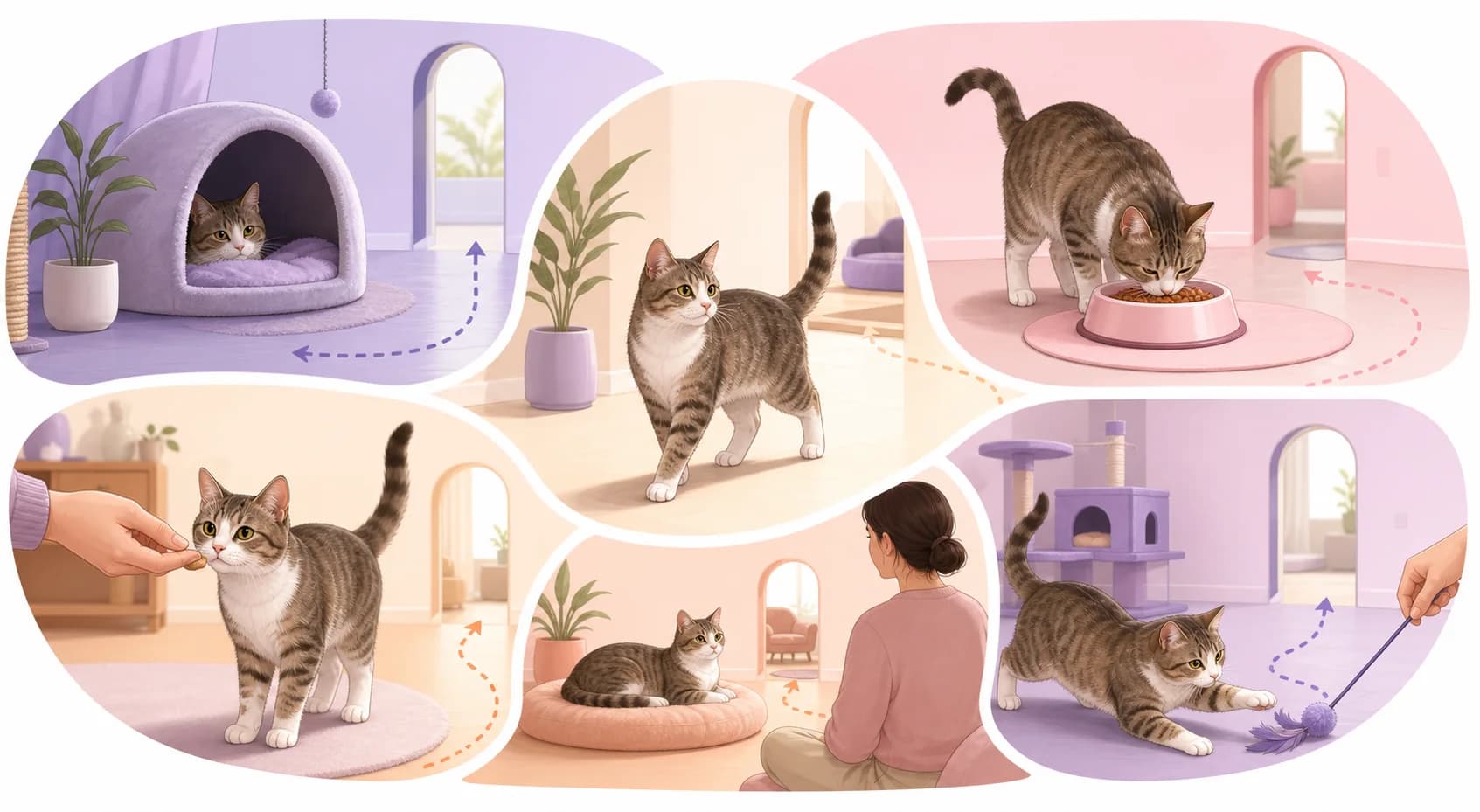 A visual framework for cat socialization showing safety, predictability, positive associations, choice, and gradual interaction.