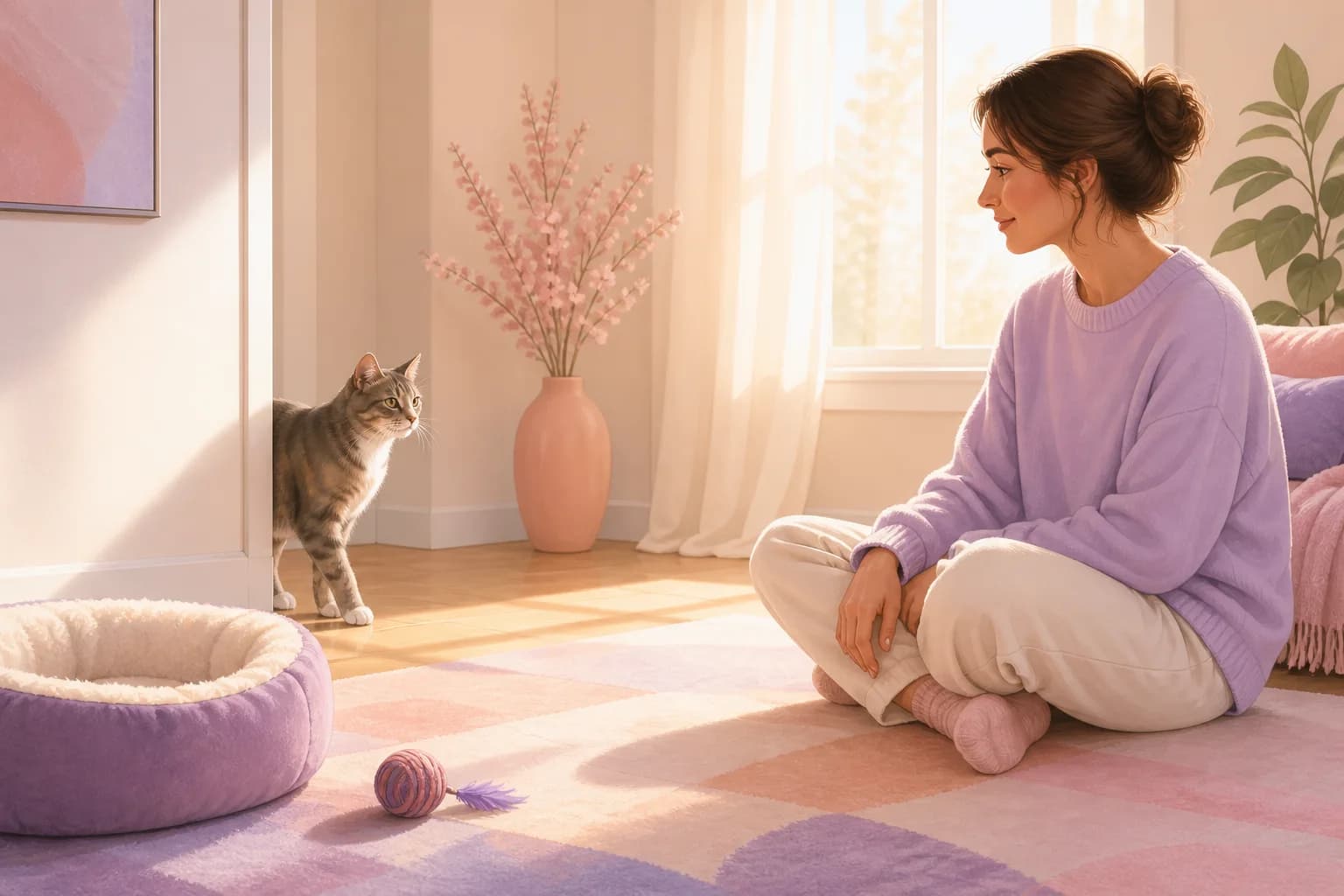 A cat choosing to observe a calm person from a safe, comfortable distance.