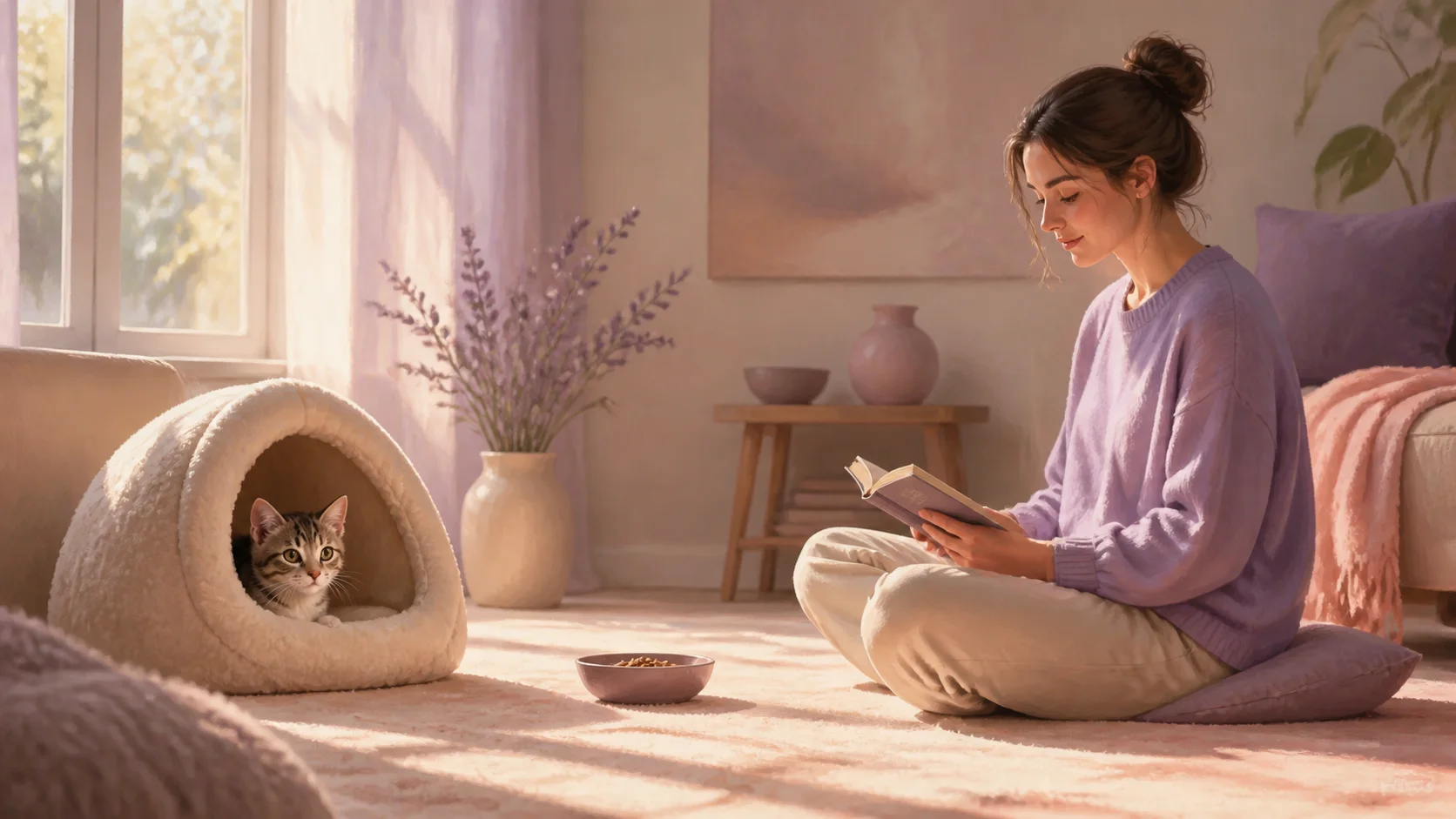 A shy feral kitten observing a person from a safe refuge during early socialization.