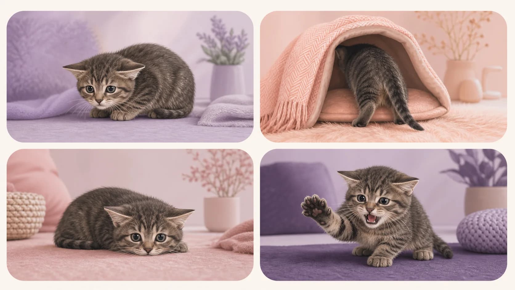 Examples of stress signals in a feral kitten, including crouching, hiding, retreating, and defensive hissing.