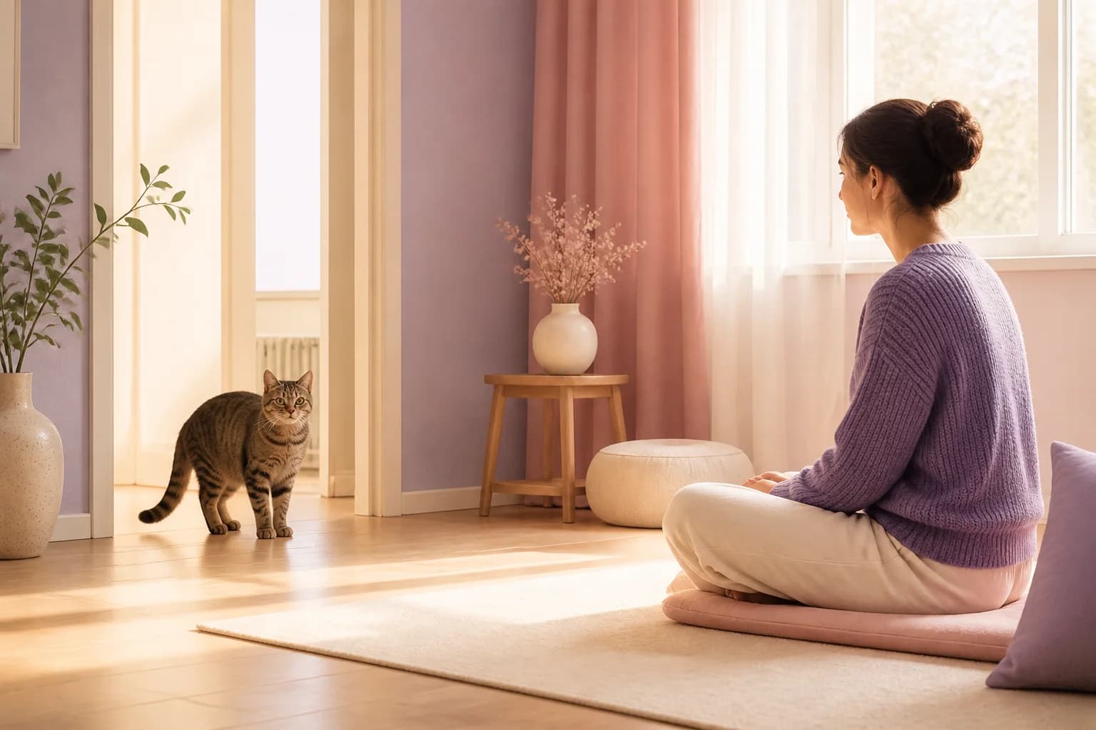 A shy cat choosing to remain near a calm seated person during trust building.