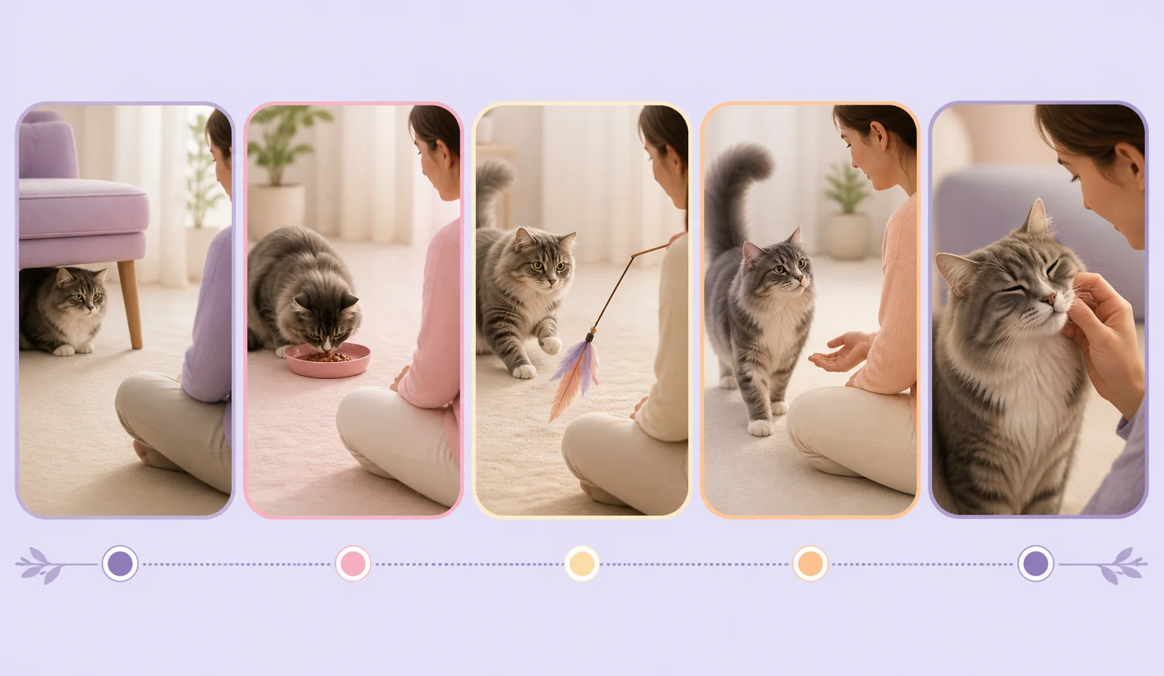 A calm sequence showing a cat eating nearby, playing, approaching voluntarily, and accepting brief touch.