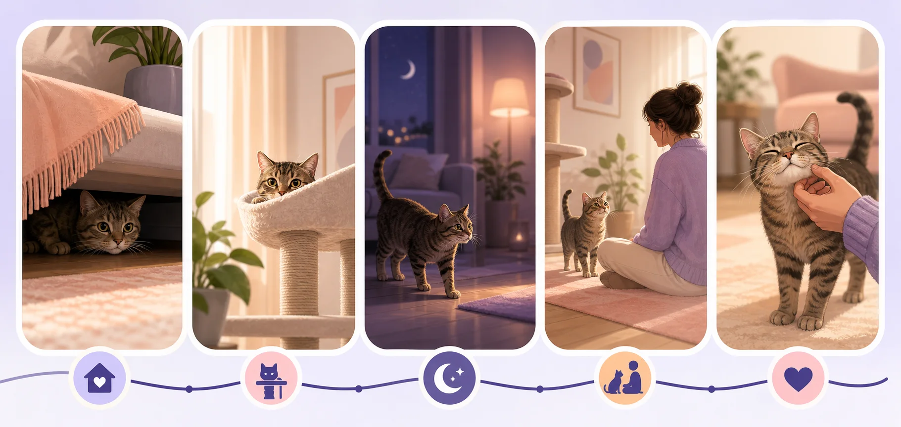 A new cat's adjustment progression from hiding and observing to nighttime exploration, exploring with a person nearby, and voluntary interaction.