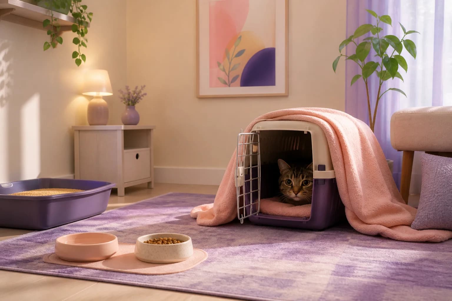 A quiet new-cat refuge with a covered bed, food, water, litter box, and a calm environment.