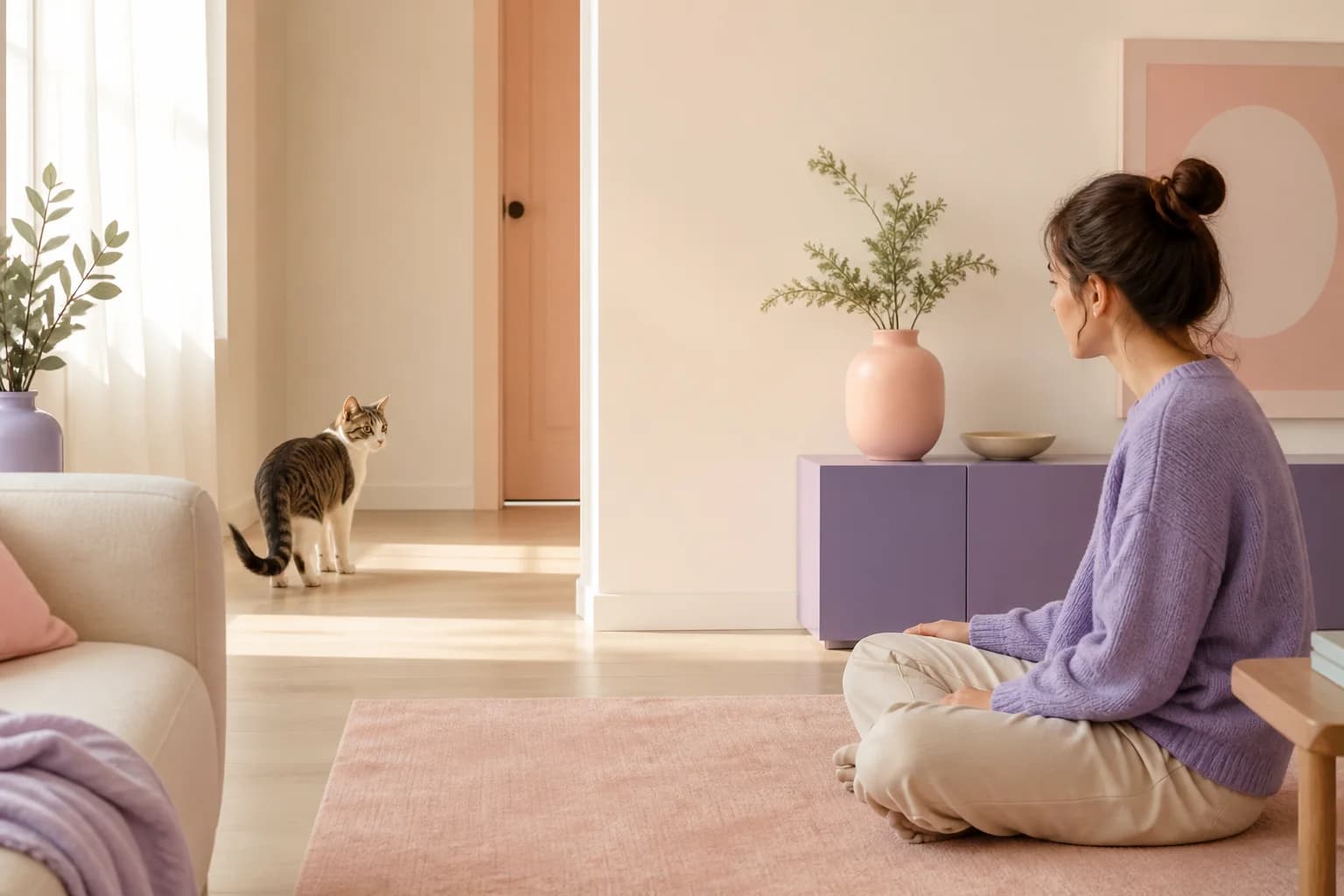 A cat watching a person from a respectful distance with mild uncertainty.