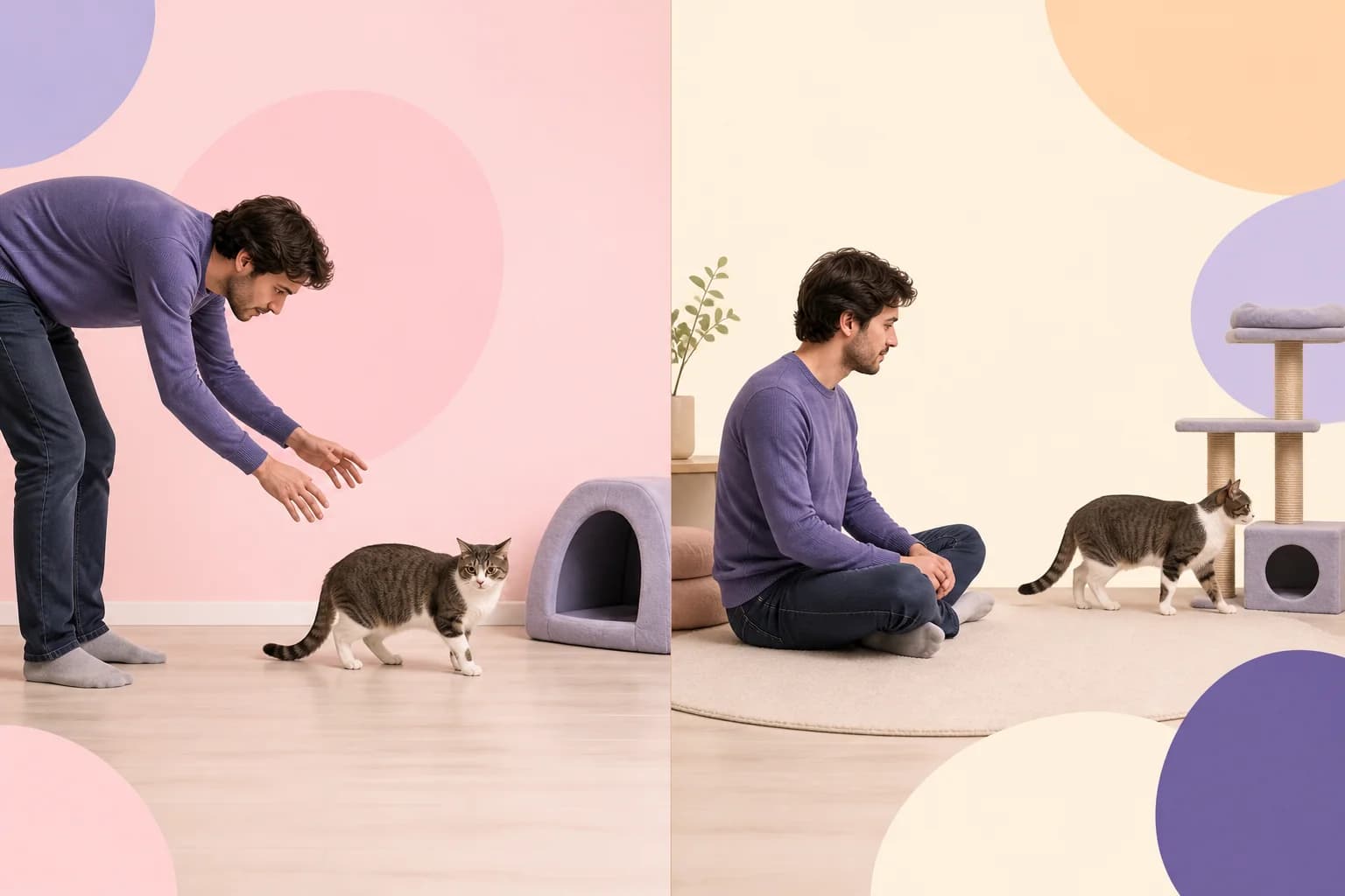 A person sitting side-on and low while a cat chooses to approach at a comfortable distance.